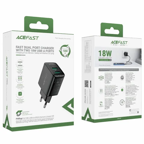 ACEFAST zidni punjač 2 x USB 3A QC18W A33 crni slika 4