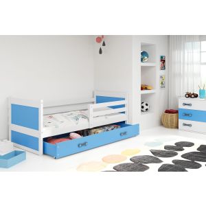 Drveni dječji krevet Rico sa ladicom - 200x90cm - Bijeli/Plavi