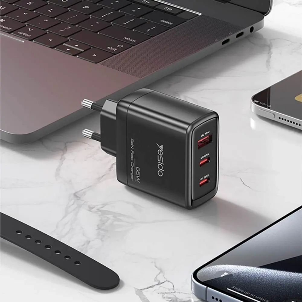 Zidni punjač Yesido YC144C 65W 3.25A 1 x USB-A - 2 x USB-C s USB-C kabelom crni slika 2