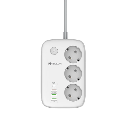 TELLUR SMART WIFI POWER STRIP, 3 OUTLETS PD30W, QC18W, 2XUSB 2.4A, 2500W, 10A, 2M slika 1