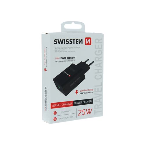 SWISSTEN punjač za AC220, 1xUSB-C, PD 25W, za iPhone i Samsung, crni slika 2