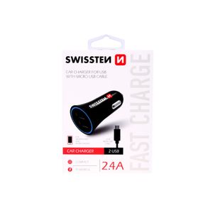 SWISSTEN punjač za auto, 2xUSB, 2.4A, crni + kabel za punjenje USB - microUSB