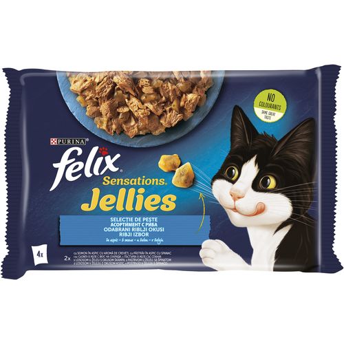 FELIX Sensations Jellies, potpuna hrana za kućne ljubimce, za odrasle mačke, mokra hrana s lososom u želeu i s pastrvom u želeu, 4x85g slika 1