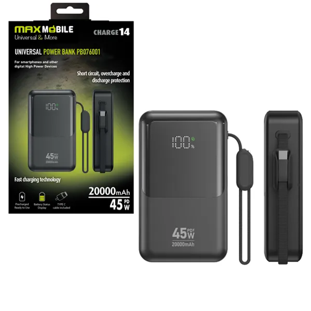 MAXMOBILE POWER BANK PB076001 20000mAh 45W TYPE-C TYPE C,crni slika 2