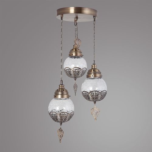 Neptün 3Lü Sarkıt Tepsili Eskitme Catlak Camlı Gold Chandelier slika 2