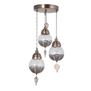 Neptün 3Lü Sarkıt Tepsili Eskitme Catlak Camlı Gold Chandelier