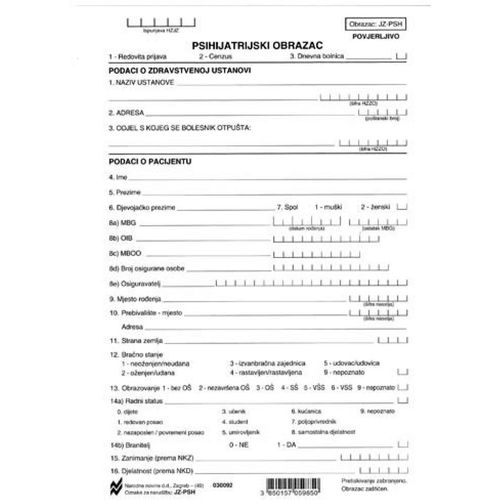 JZ-PSH PSIHIJATRIJSKI OBRAZAC (Obrazac JZ - PSH); List, 14,8 x 21 cm slika 1