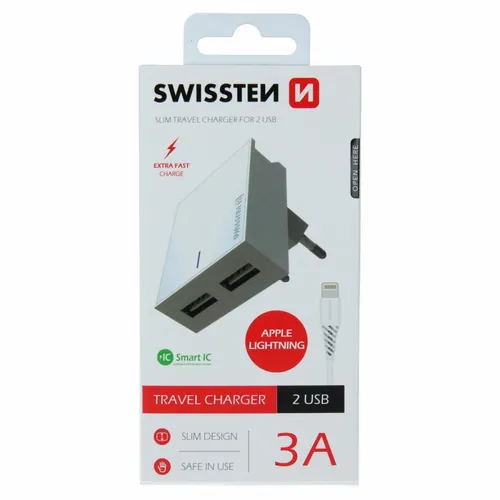Swissten punjač 2x USB 3A + kabl Lightning 1,2m bela slika 3