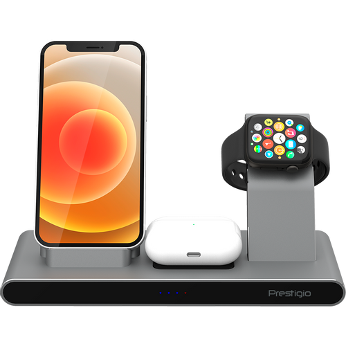 Prestigio ReVolt A7, 3-in-1 wireless charging station for iPhone, Apple Watch, AirPods, wilreless output for phone 7.5W/10W, wireless output for AirPods 5W, wireless output for Apple Watch 2.5W, material: aluminum+tempered glass, space grey color slika 23