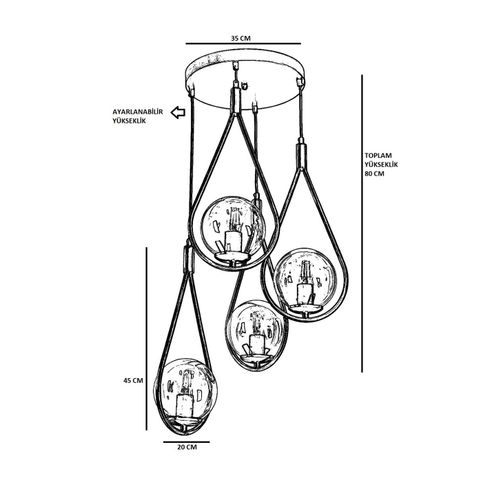 Damla 4 Lü Tepsili Füme Camlı Siyah Sarkıt Black Chandelier slika 4