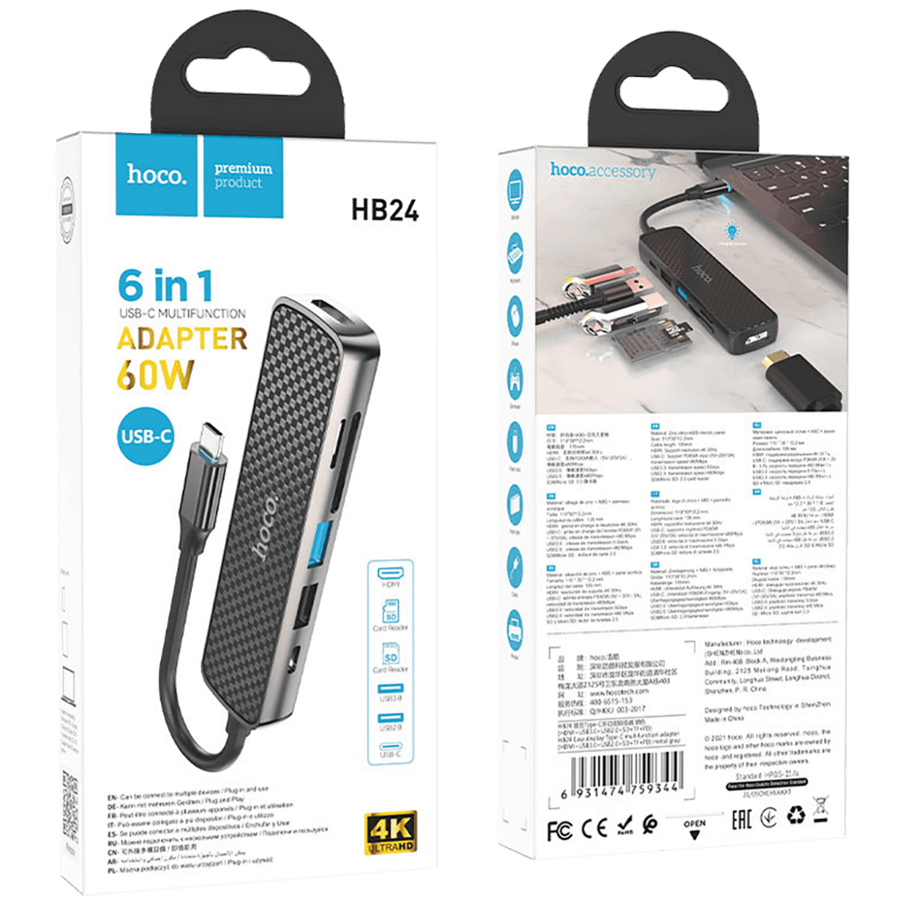 hoco. Konverter USB HUB type C to HDMI/USB3.0/USB2.0/SD/ TF/PD - HB24 Easy display slika 2