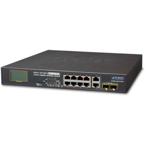 Planet 10-Port Unmanaged LCD Monitor PoE (8x 100Mbps 802.3at PoE (120W) 2-Port 1G TP SFP Combo) Desktop Switch slika 1