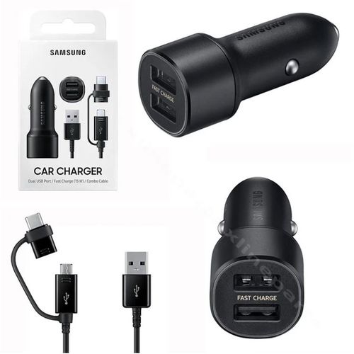 Samsung auto punjač 15W 2xUSB-A + combo kabl micro i Type-C crna slika 1