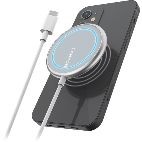 CANYON WS-100 Wireless charger, Input 9V/2A, 9V/2.7A, 12V/2A, Output 15W/10W/7.5W/5W, Type c cable length 1.5m, Acrylic surface+Aluminium alloy edge, 59*59*7mm, 0.06Kg, Silver slika 4