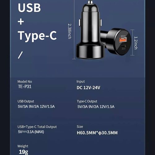 Techsuit - vrhunski auto punjač (CAPD028) - USB-A QC 3.0 i USB-C 38 W - crni slika 6