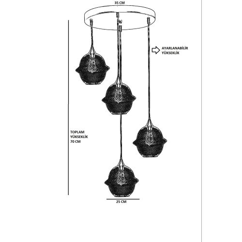 Merkür 4 Lü Tepsili Siyah Sarkıt Black Chandelier slika 4