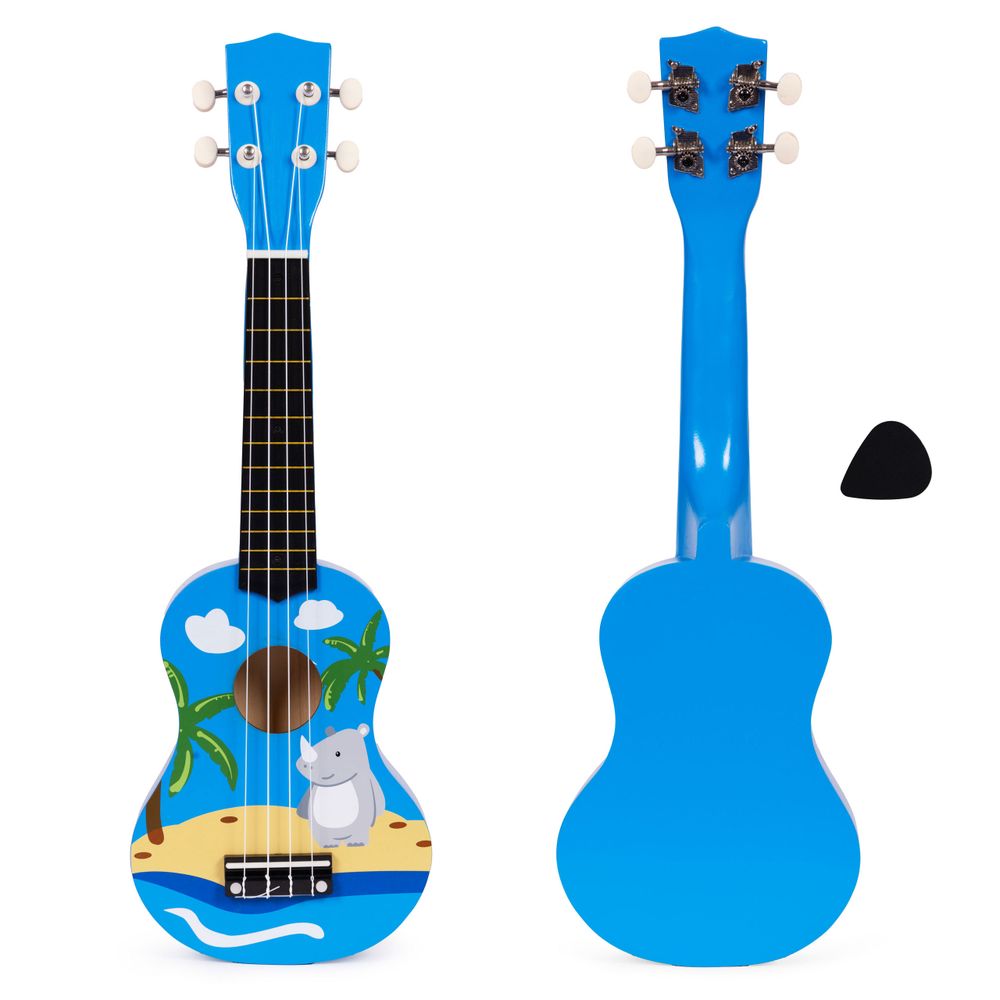 ECOTOYS drvena ukulele za djecu, plava – 4 najlonske žice i trzalica slika 1