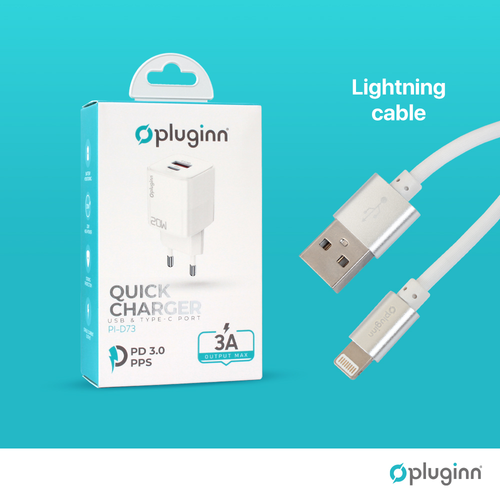 Kućni punjač Pluginn PI-D73, QC3.0 PD3.0, PPS, USB-PD 18W+20W, 38W (total) sa PD iPhone lightning kablom beli slika 3