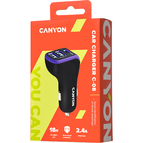 CANYON Universal 3xUSB car adapter, Input 12V-24V, Output DC USB-A 5V/2.4A(Max) + Type-C PD 18W, with Smart IC, Black+Purple with rubber coating, 71*39*26.2mm, 0.028kg slika 4