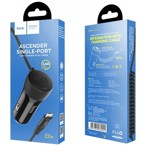 hoco. Auto punjač za Lightning kabelom,  1 x USB, 2.4 A max. - Z21A Ascender Lightning slika 2