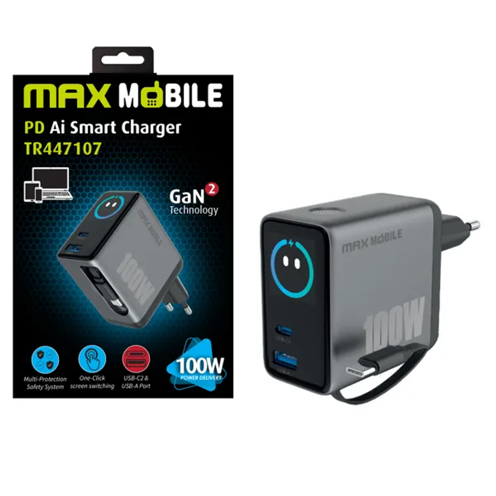 MAXMOBILE KUĆNI PUNJAČ PD SUPER FAST CHARGE TR447207 Ai,2xTypeC+USB-A, GaN2,100W slika 1
