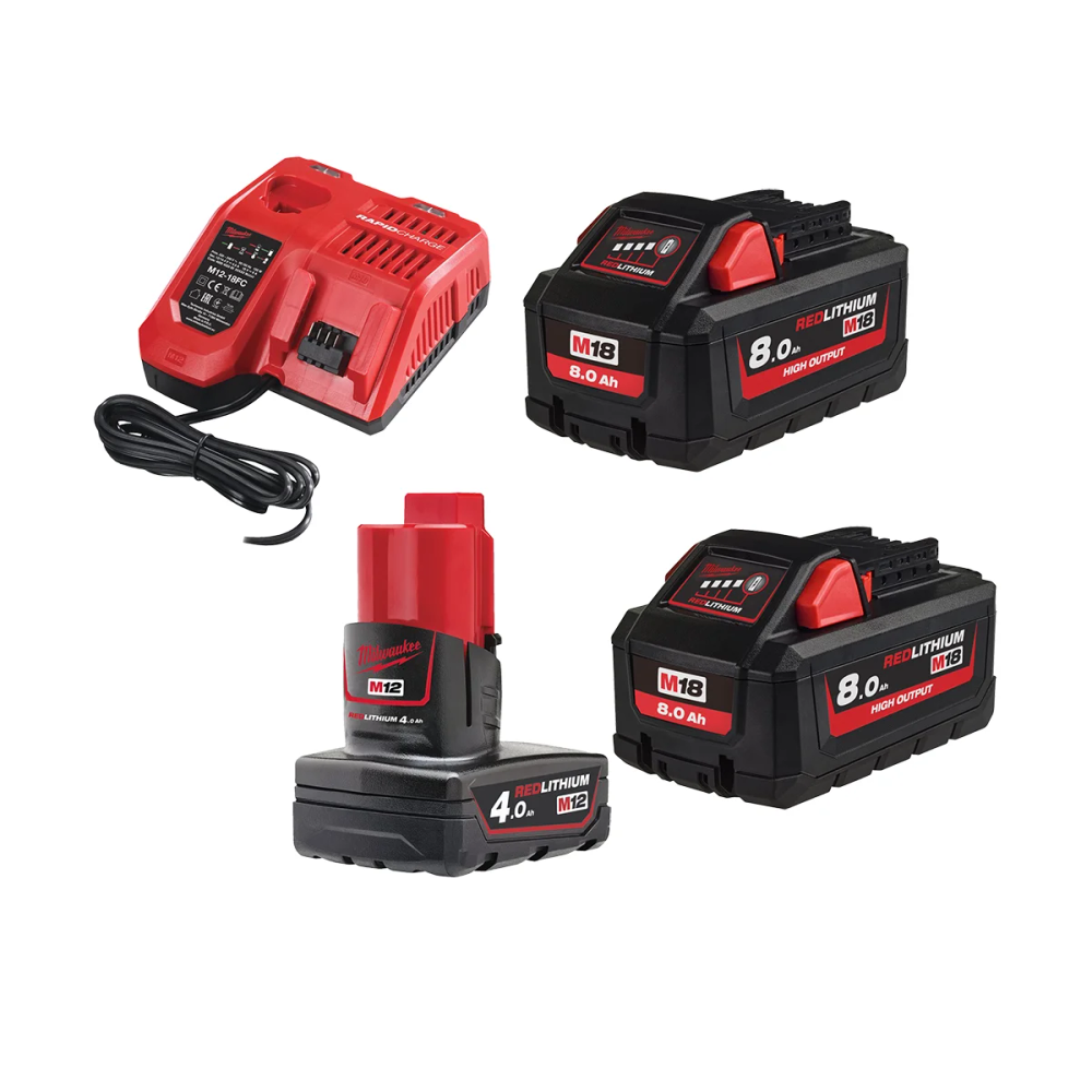 Milwaukee set od 3 baterije 2x M18 HB8 i 1x M12 B4 i brzim punjačem M12-18 FC M18 HNRG-802 4933471073 slika 1