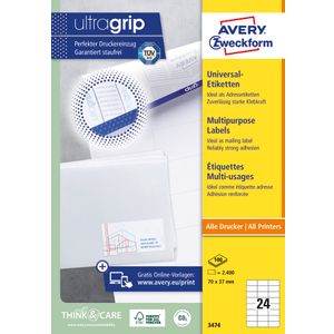 Avery Zweckform 3474 višenamjenske naljepnice A4 ultragrip 70x37mm 100 listova 2.400 naljepnica bijele