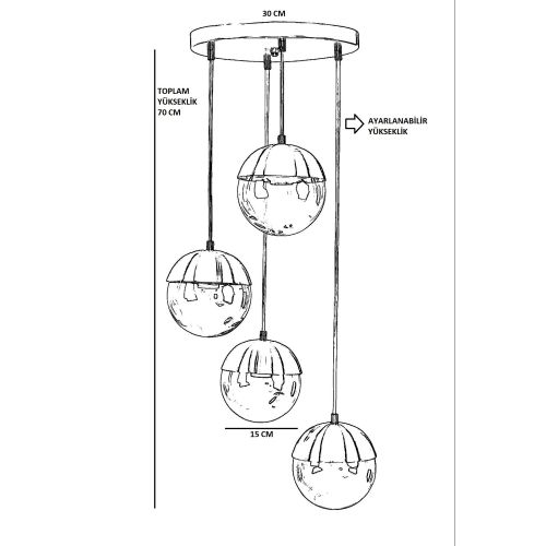 Küre 4 Lü Tepsili Siyah Füme Camlı Sarkıt Dark Grey Chandelier slika 4