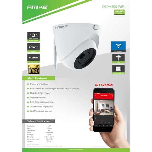 Amiko Home Kamera IP 5 MP, 1/2.5" Fulhan CMOS, 3.6mm, WiFi - D30M500 WIFI slika 2