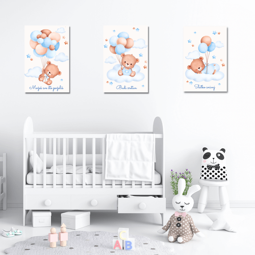 Set tri drvene slike za dječju sobu - Medo, 22x33 cm slika 1