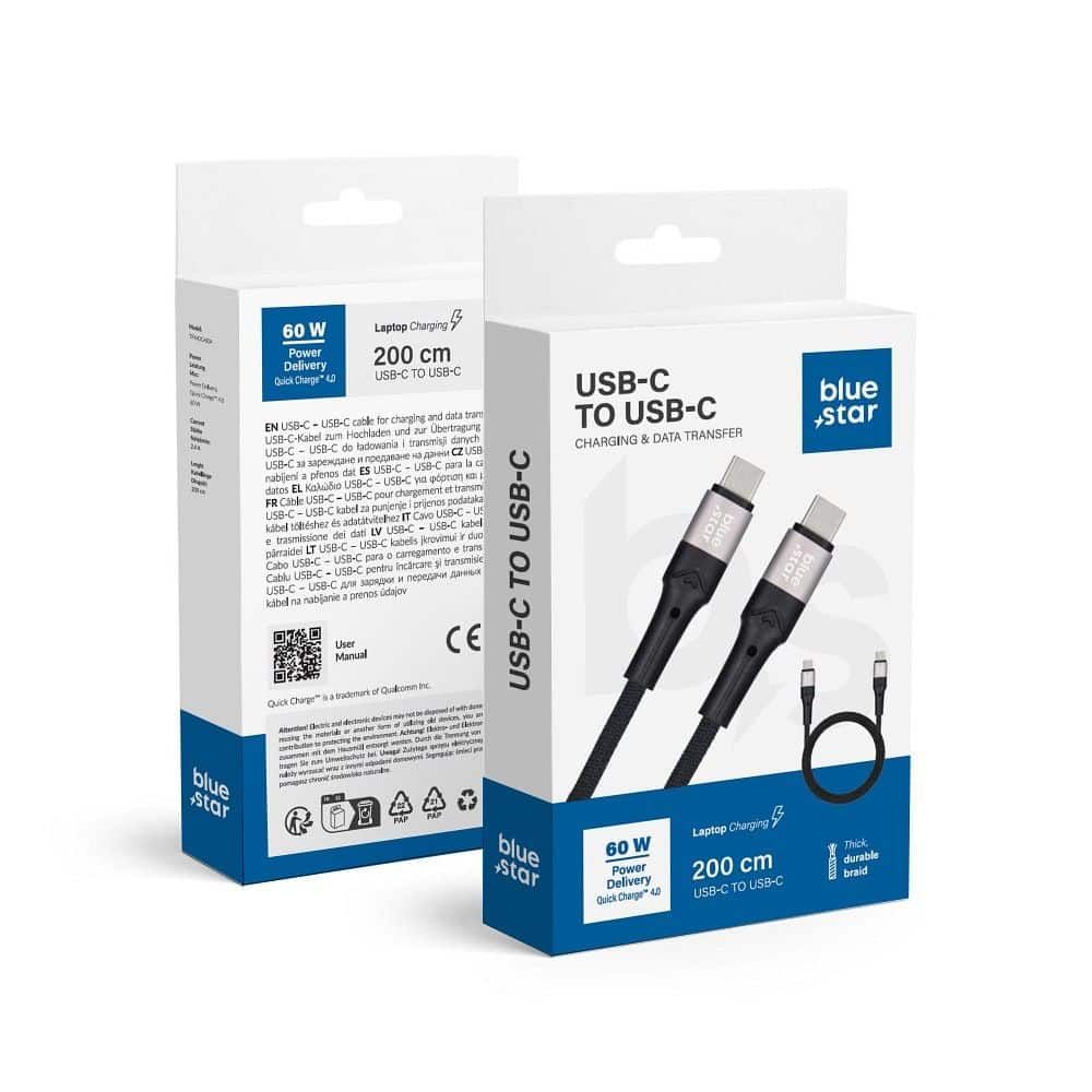 USB C na USB C kabel Blue Star 3A 60W PD QC4.0 pleteni 2m TFK-DC-004 crni slika 1