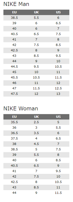 Tablica veličina za brand Nike