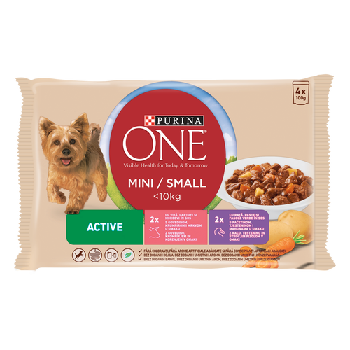 Purina ONE® Active, multipakiranje  s govedinom, krumpirom i mrkvom u umaku, s patkom, tjesteninom i mahunama u umaku, 4x100 g slika 1