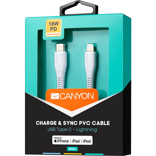 CANYON MFI-4 Type C Cable To MFI Lightning for Apple, PVC Mouling,Function: with full feature( data transmission and PD charging) Output:5V/2.4A, OD:3.5mm, cable length 1.2m, 0.026kg,Color:White slika 3