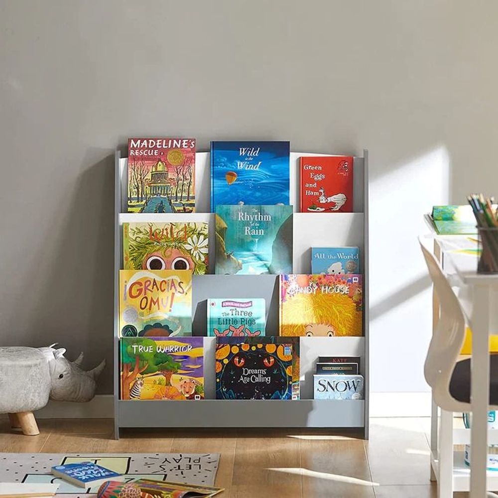Kinder Home Drveni dječiji stalak za knjige, Bijeli/Sivi slika 9