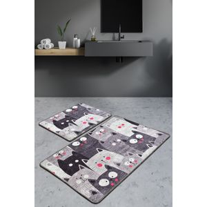 Meow - Grey Multicolor Bathmat Set (2 Pieces)