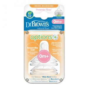 Dr. Brown’s Natural Flow® Opcije+™ Preemie Flow™ Wide-Neck Nipple pakiranje od 2 komada