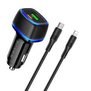 BOROFONE AUTO PUNJAČ BZ14A MERCURY - USB + TYPE C - QC 3.0 PD 20W 3A SA TYPE C NA LIGHTNING KABEL CRNI