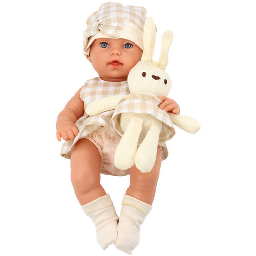 Lutka beba u nosiljci - Zeko u kariranoj kombinaciji - Bež boja slika 3